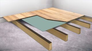 Image 3D d'application d'adhésif en dessous d'un parquet pour l'isolation