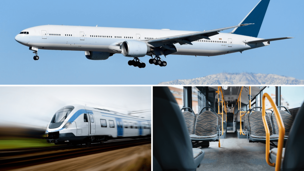 Image composée d'une photo d'avion, d'un intérieur de bus et d'un train
